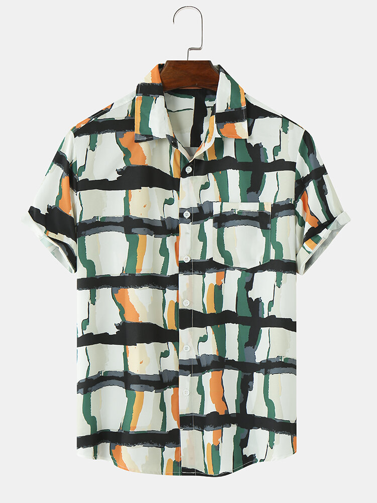 Mens Abstract Watercolor Print Button Up Short Sleeve Shirts