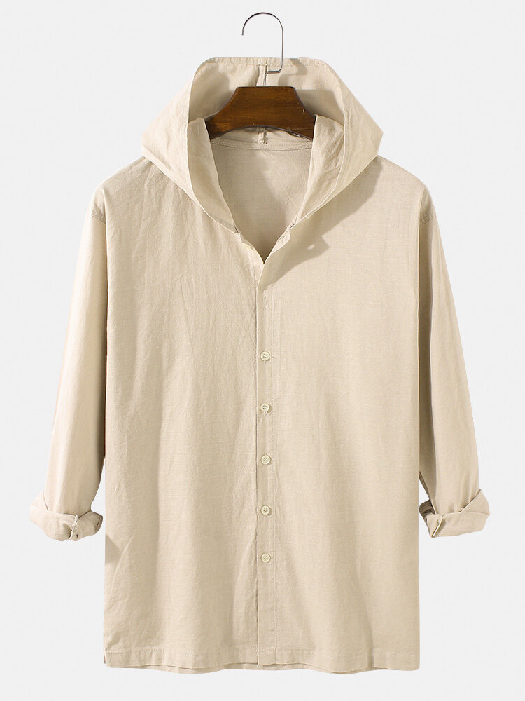 Mens Solid Color Cotton Button Up Casual Long Sleeve Hooded Shirts