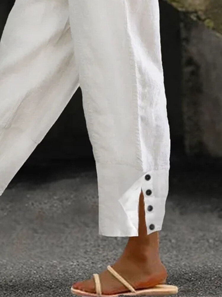 Gorgeous ZANZEA Women Solid Side Split Button Cuff Cotton Cropped Pants ...