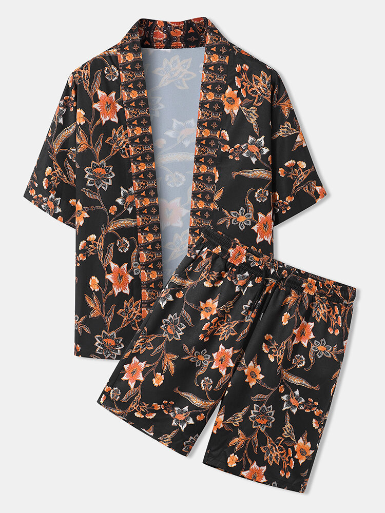 Mens Holiday Plant Print Open Front Kimono Loose Two Pieces Outfits