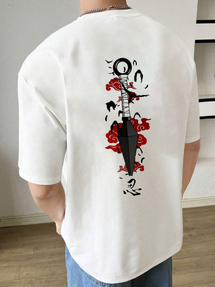 T-shirts à Manches Courtes Imprimés Au Dos Pour Hommes, élément Ninja Japonais, Hiver
