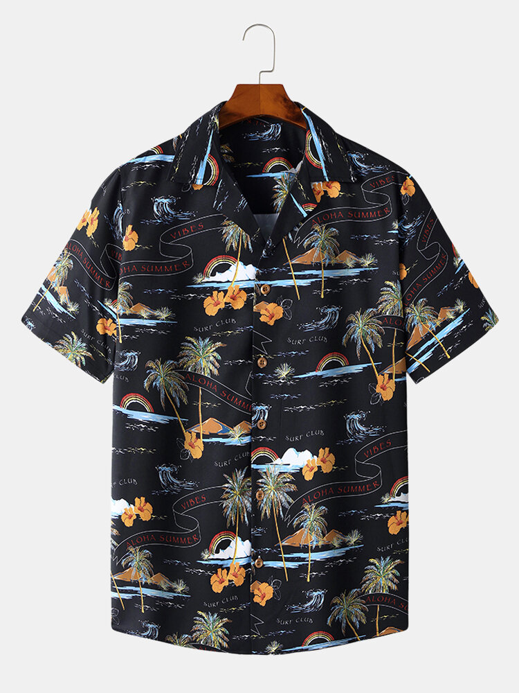 Mens Holiday Tropical Landscape Print Revere Collar Short Sleeve Shirts