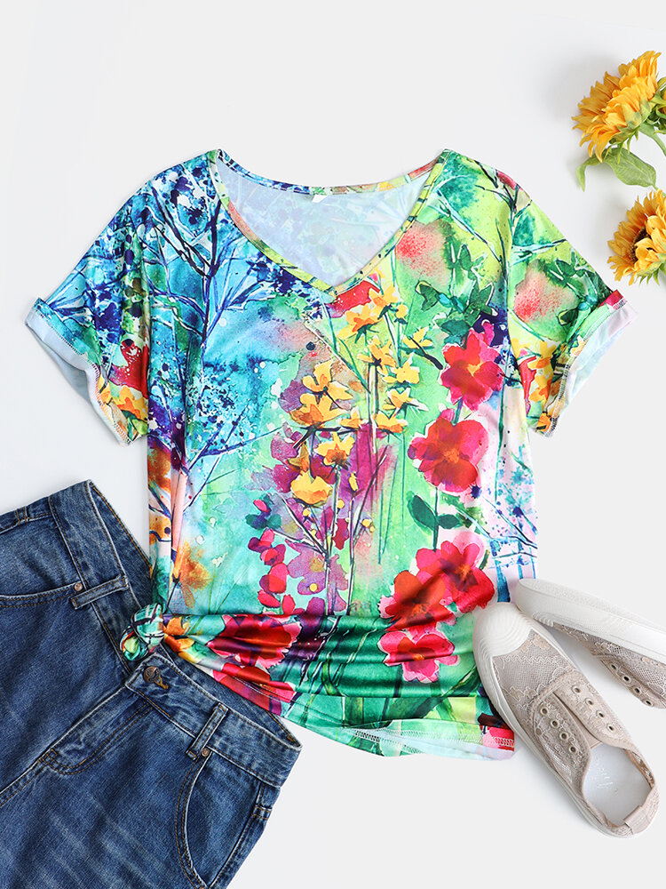Lässiges Kurzarm-T-Shirt mit V-Ausschnitt und Blumenmuster in Calico-Optik für Damen
