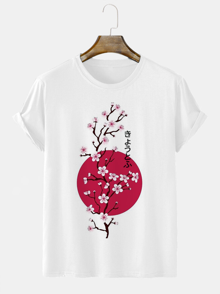 

Mens Japanese Cherry Blossoms Print Crew Neck Short Sleeve T-Shirts, White