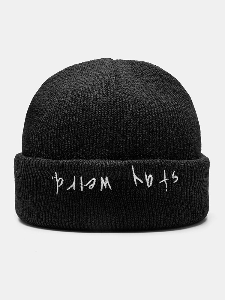 Unisex Acrylic Knitted Letter Pattern Embroidery Flanging Brimless All-match Warmth Beanie Hat