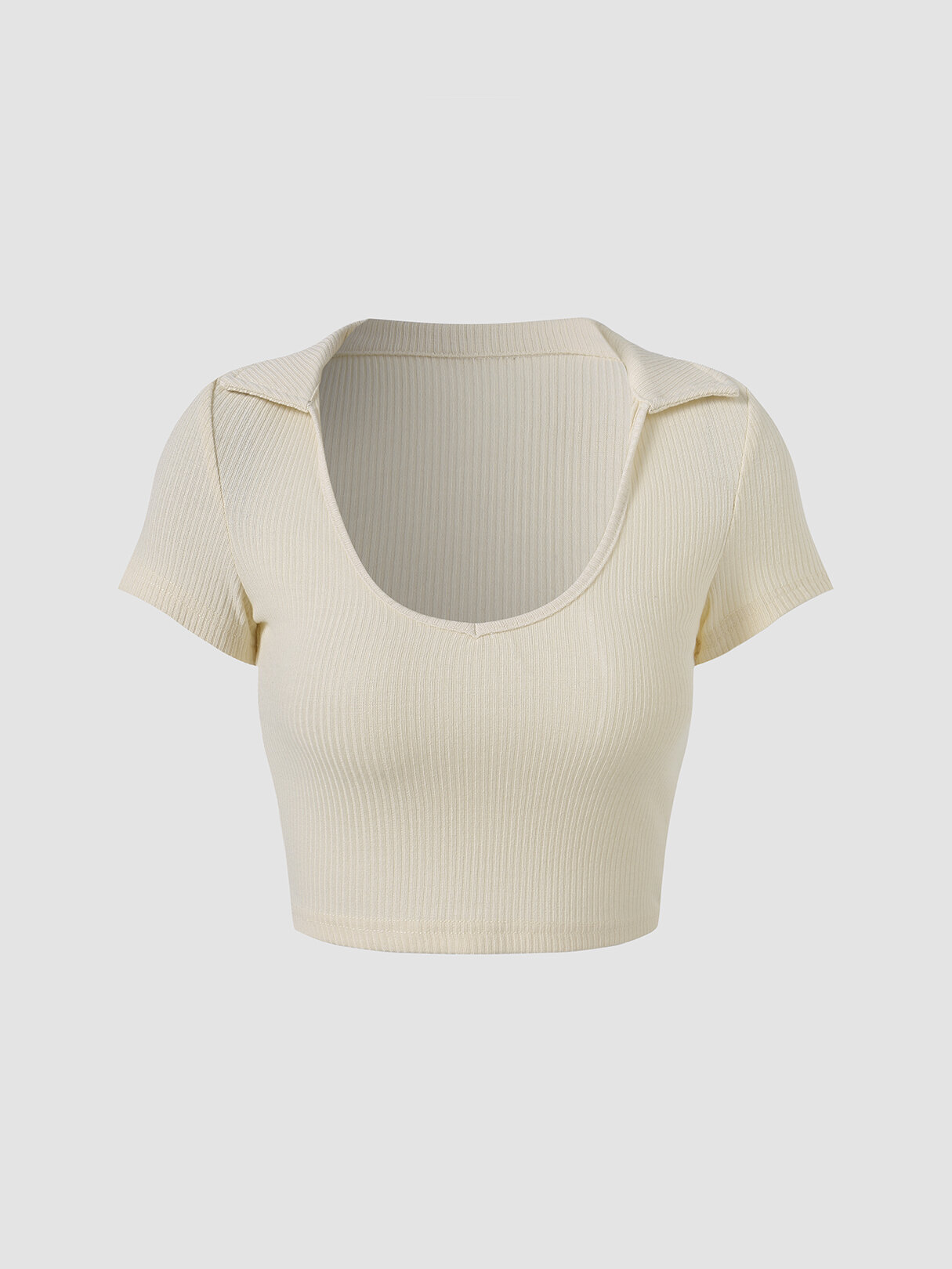 Solid See Through Lapel Short Sleeve Crop Top For Women
