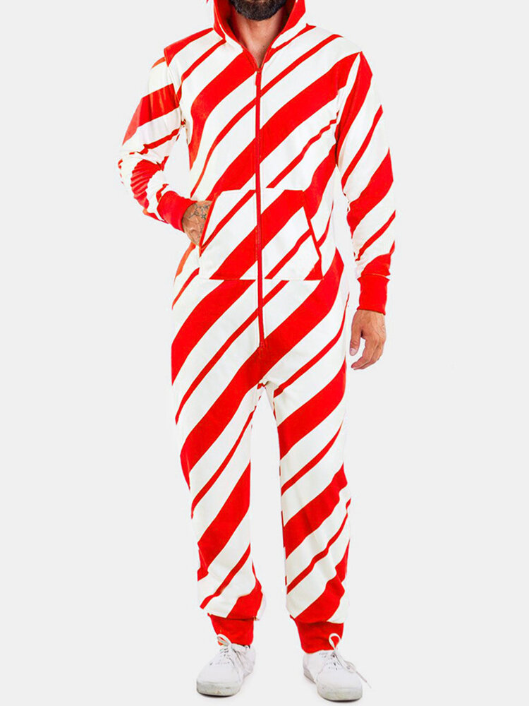 Red Diagonal Striped Print Beam Footed Cozy Jumpsuits Zipper Onesies With Waist Pockets