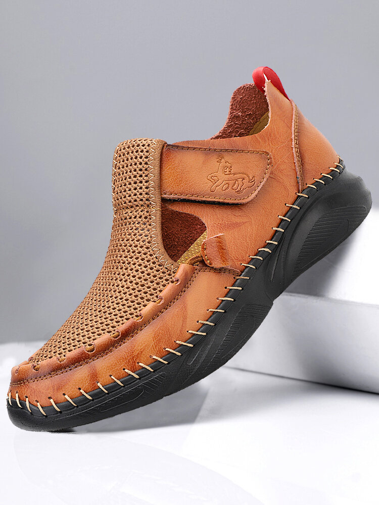 Men Breathable Mesh Splicing Hand Stitching Hole Leather Sandals