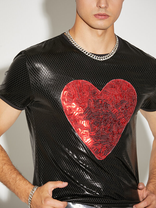

Mens Shiny Metallic Love Heart Patch T-Shirt, Black