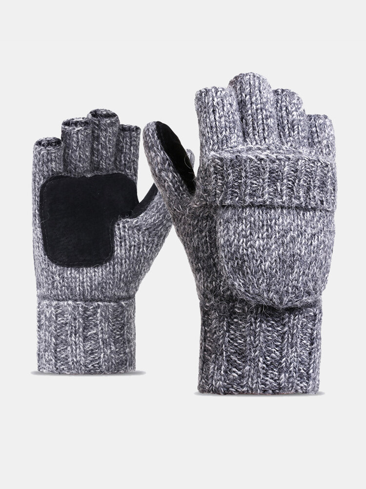 Men Wool Knitted Plus Velvet Solid Color Sheepskin Patch Non-slip Outdoor Warmth Half Finger Flip Gloves