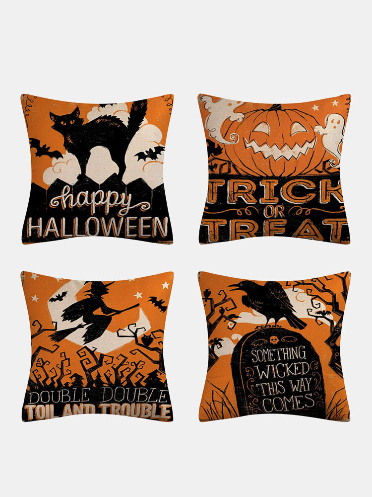 

4 PCs Linen Pumpkin Witch Bat Pattern Halloween Cushion Cover Throw Pillow Cover Pillowcase