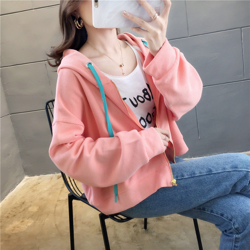 Cotton Loose Hooded Long-sleeved Short Sweater
