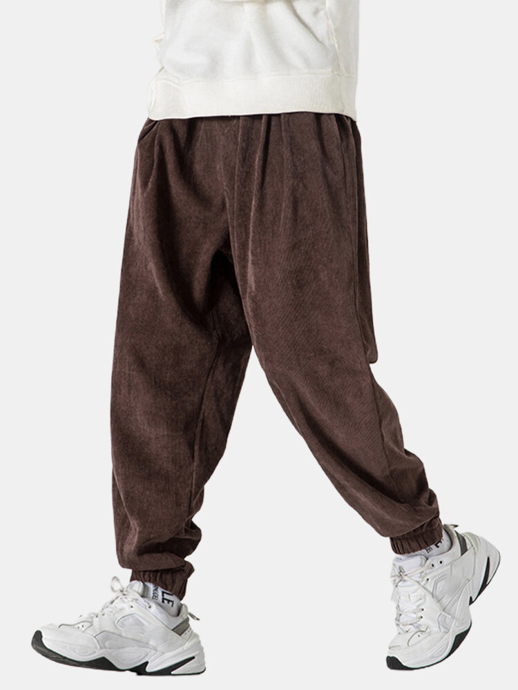 Mens Corduroy Solid Color Plain Drawstring Jogger Pants With Pocket