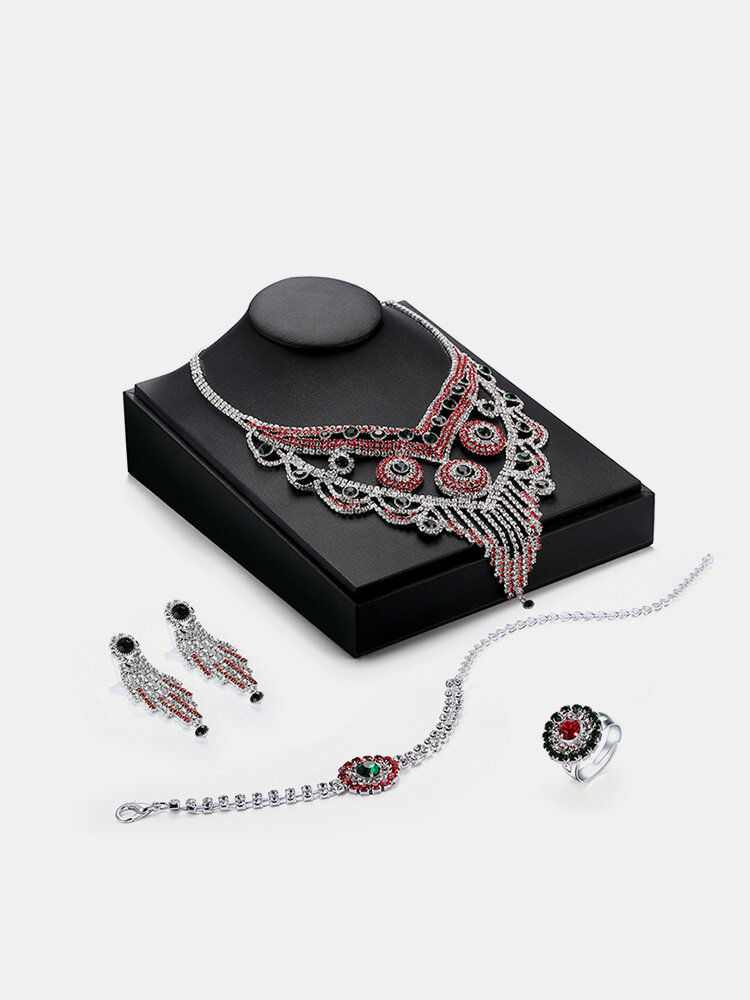 Elegant Jewelry Set Full Zircon Tassel Necklace Earrings Bracelet Set