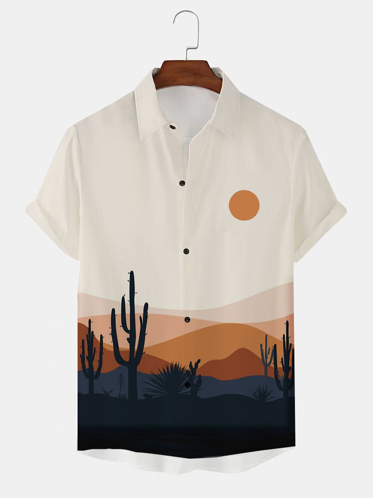 Mens Cactus Desert Print Button Up Short Sleeve Shirts