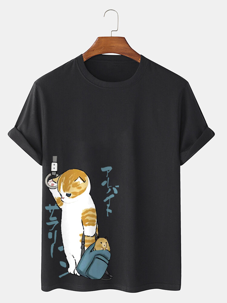 Mens Japanese Style Cat Print Crew Neck Cotton Short Sleeve T-Shirts