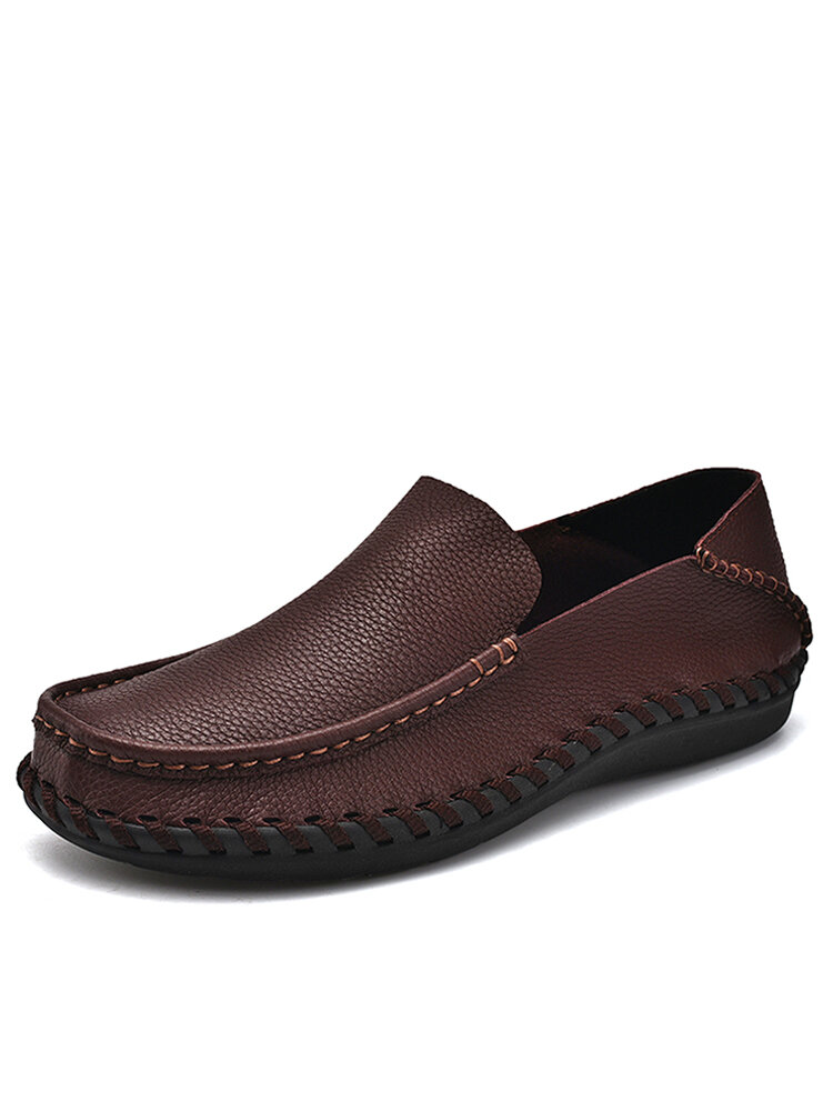 Men Cow Leather Hand Stitching Loafers Round Toe Slip On Casual Shoes