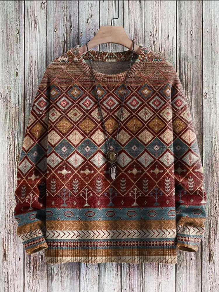 ChArmkpR Mens Vintage Ethnic Geometric Pattern Crew Neck Pullover Sweatshirts Winter