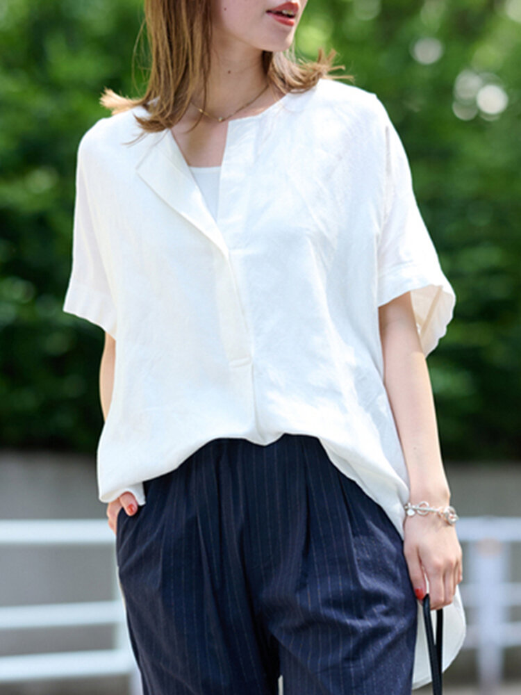 Solid High low Short Sleeve Button Crew Neck Casual Blouse