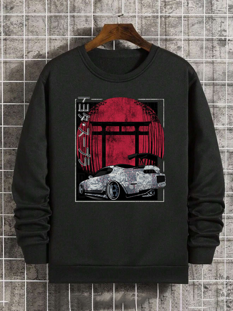 Mens Japanese Car Graphic Crew Neck Loose Pullover Sweatshirts Winter
