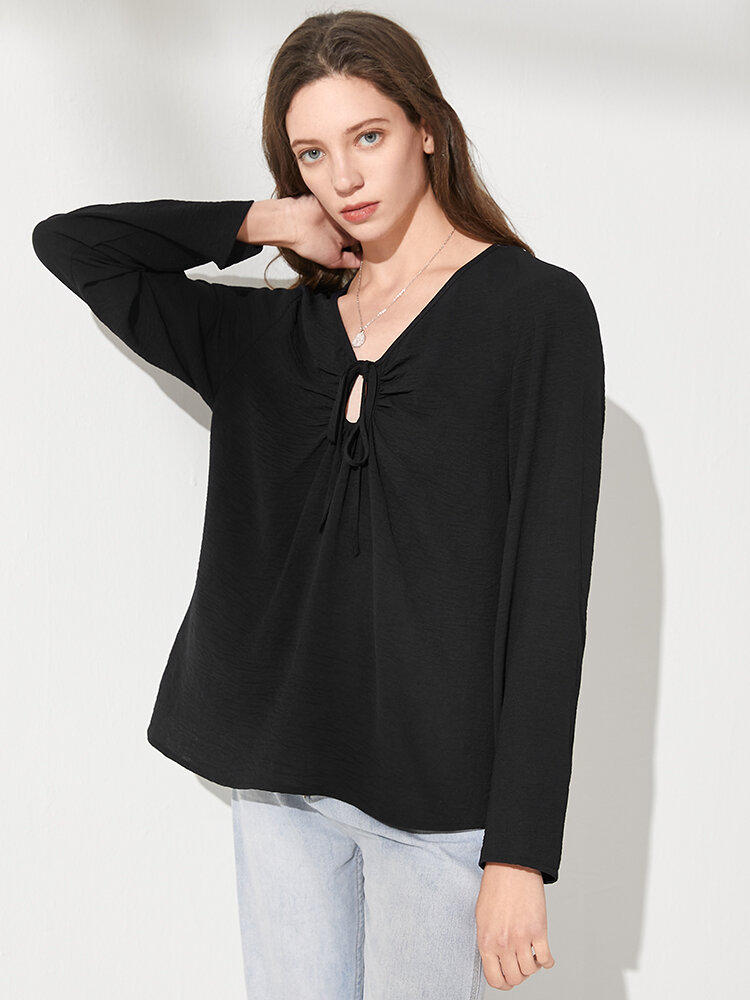 Solid Tie Front V-neck Long Sleeve Blouse For Women