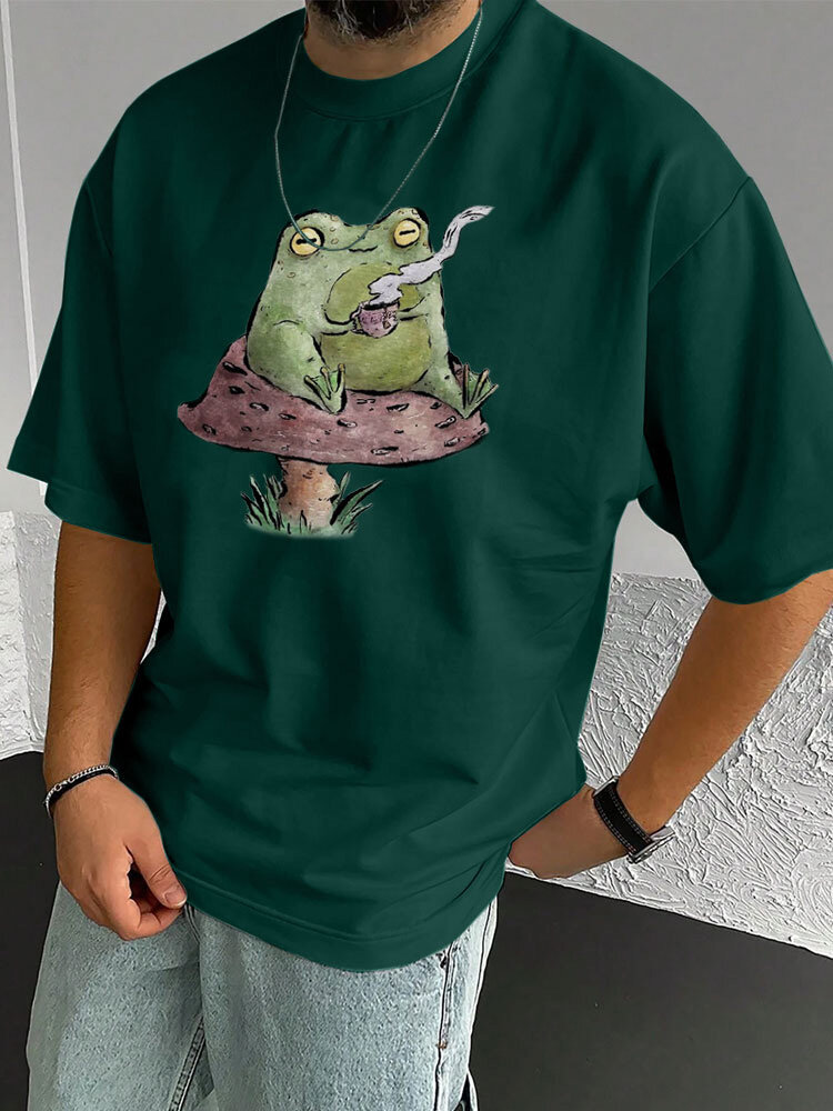 Mens Japanese Frog Plant Print Crew Neck Short Sleeve T-Shirts Winter