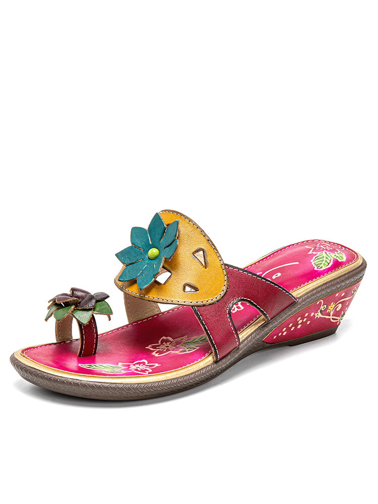 SOCOFY floral-paneled leather round-toe slides and wedge sandals