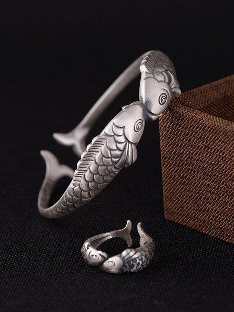Винтажное кольцо из серебра 925 пробы с тайским серебром, регулируемое кольцо с открытой рыбой