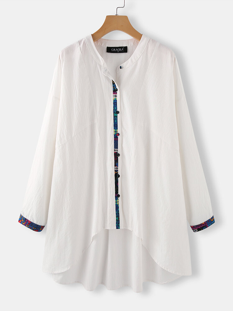 Vintage Ethnic Patchwork Irregular Stand Collar Button Down Long Sleeve Shirt