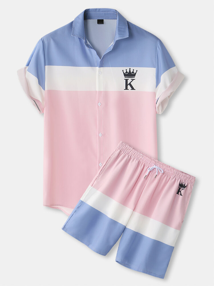 

Mens Color Block Crown K Poker Print Lapel Short Two Pieces Outfits, Pink