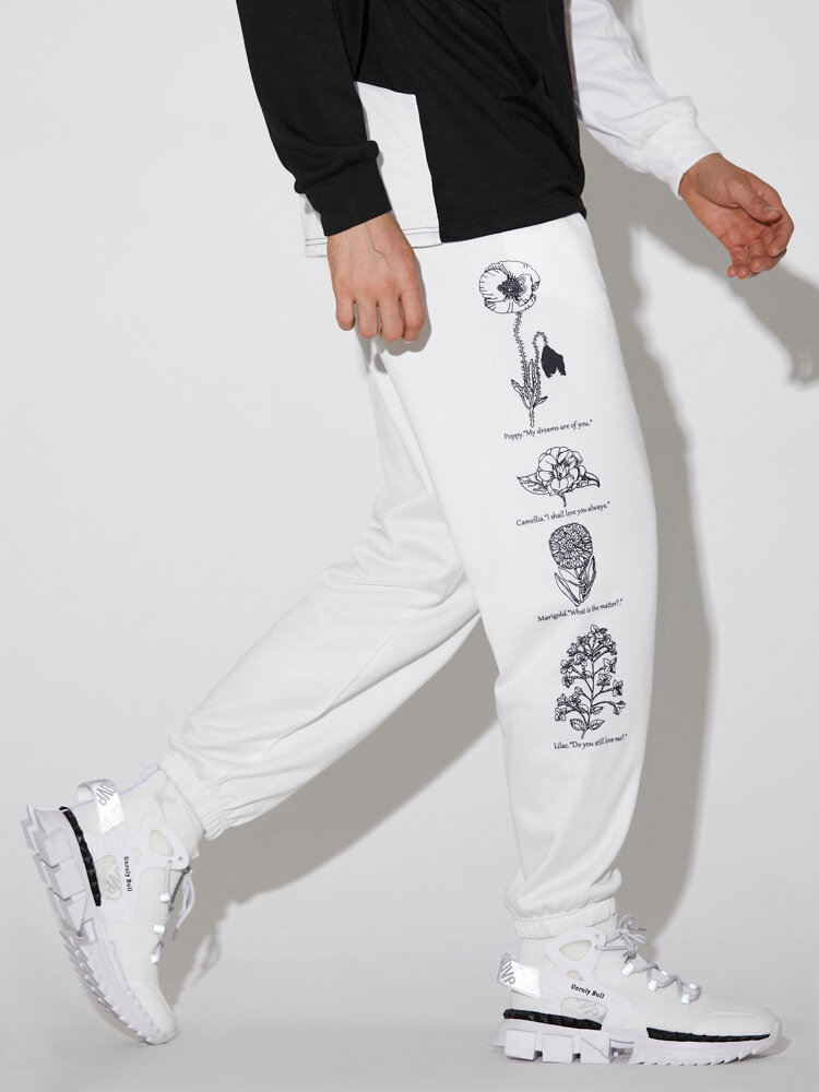 Mens Floral Letter Side Print Drawstring Waist Casual Cuffed Sweatpants