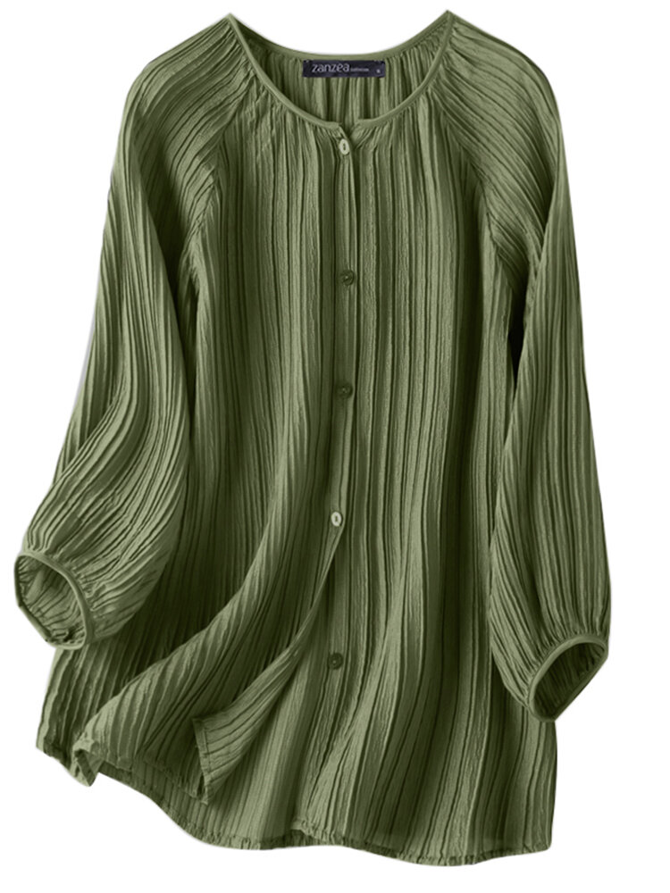 Feminino sólido plissado botão frontal casual manga raglan Camisa