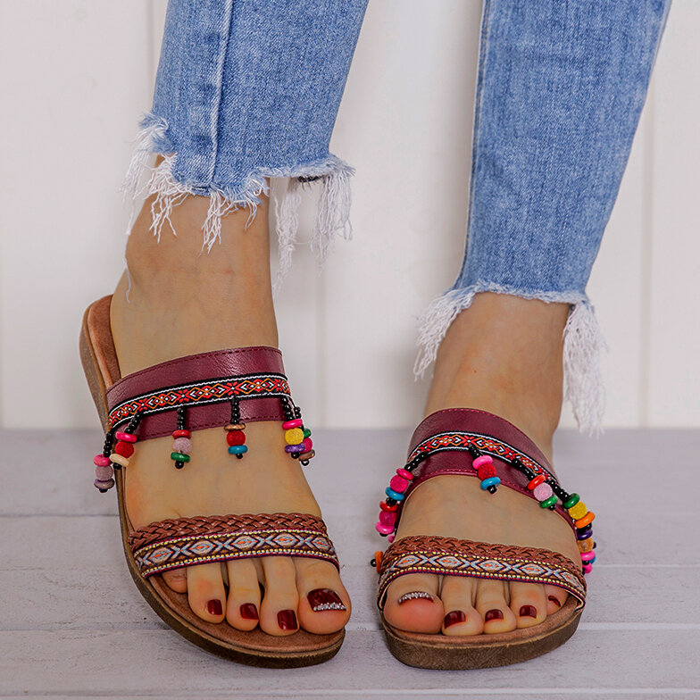 LOSTISY Bohemia Sequined Colorful Splicing Opened Toe Beach Slide Sandals