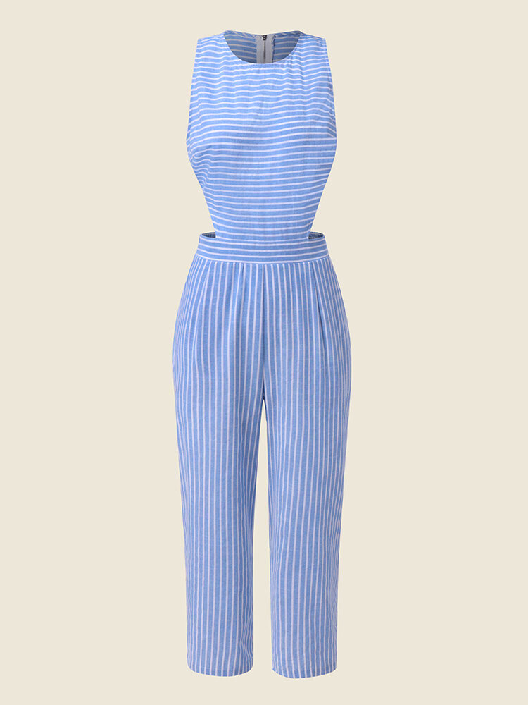 Blue And White Stripe Print Cut Out Zip Back Jumpsuit
