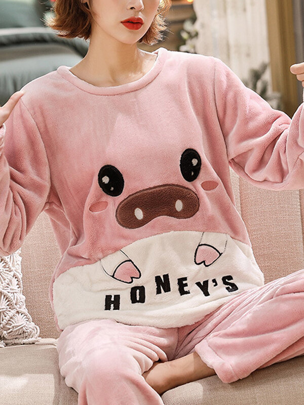Women Plus Size Cute Pig Flannel Coral Fleece Thick Warm Home Casual Comfy Pajamas Set
