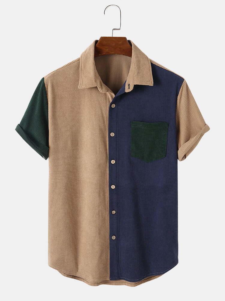 Mens Color Block Patchwork Lapel Corduroy Casual Short Sleeve Shirts