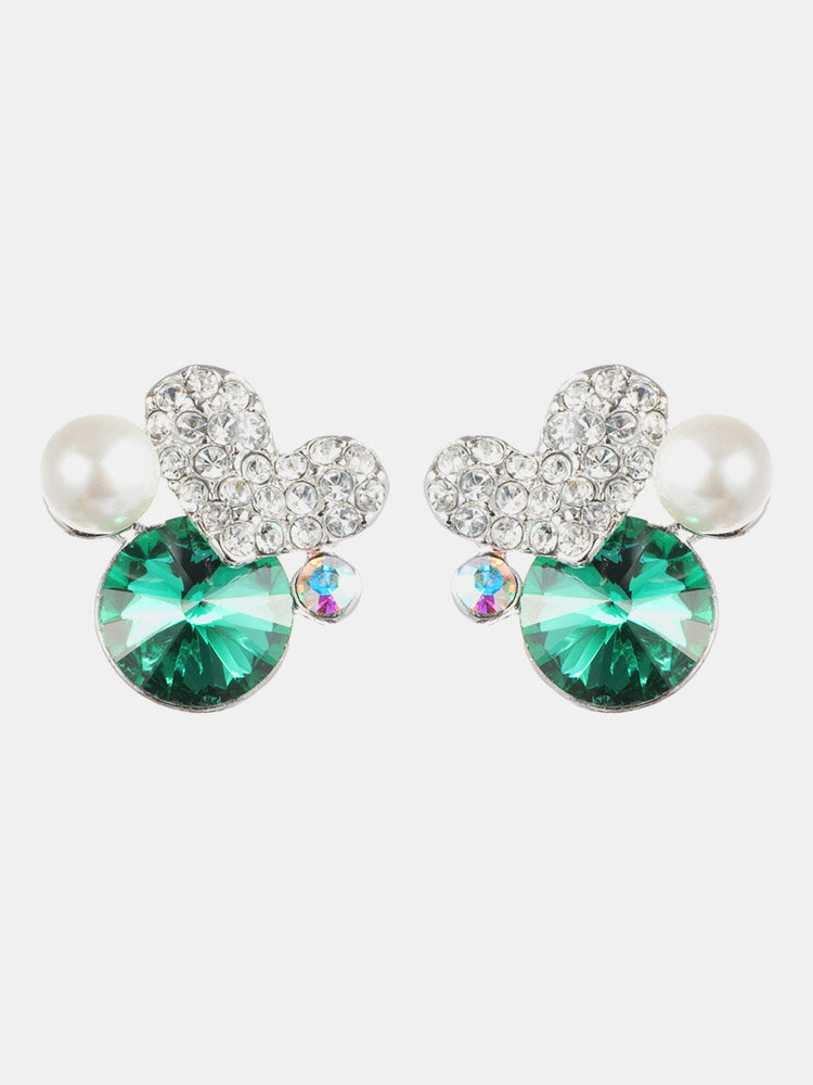 Cute Sweet Heart Earrings Anallergic Platinum Crystal Rhinestone Pearl Stud Earrings for Women