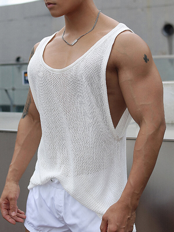Camiseta sin mangas con cuello redondo calado de punto para hombre Cuello