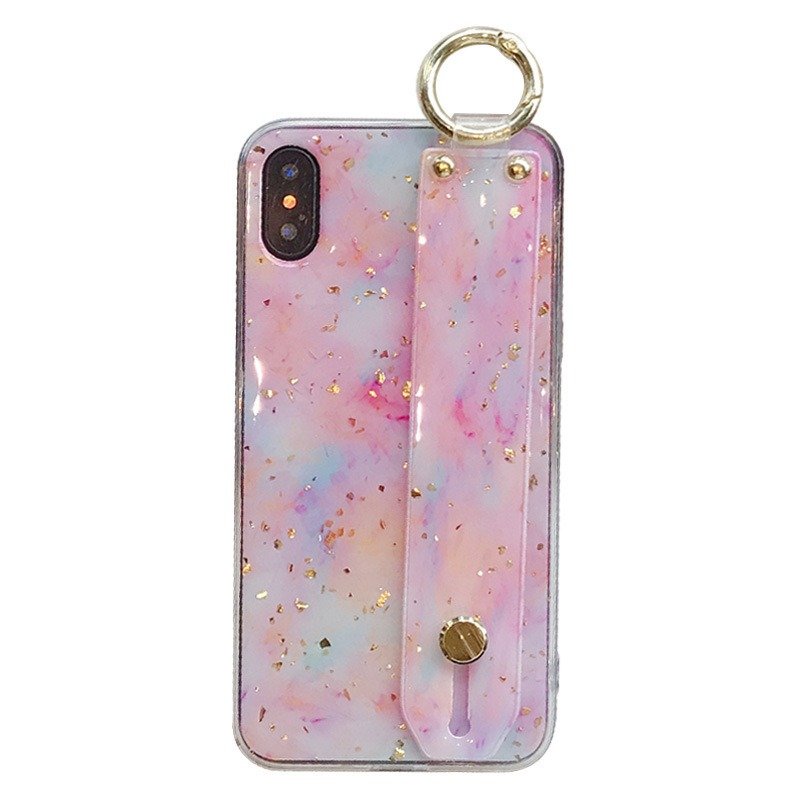 Women Gold Foil Marble Phone Case With Wrist Strap Bracket Back Cover Anti-fall For iPhone