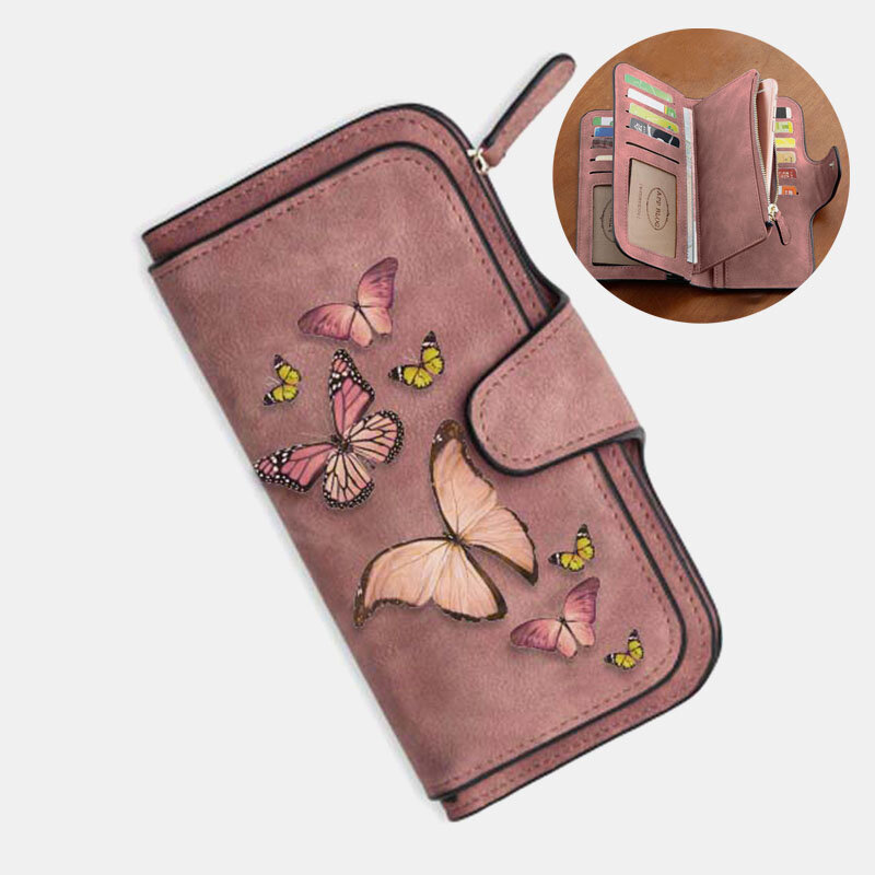 

Women Butterfly Four Fold Wallet Purse 14 Card Slot 5.5 Inch Phone Bag, Pink;blue;red;brown