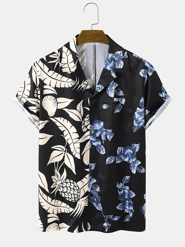 

Mens Tropical Plants Print Patchwork Revere Collar Short Sleeve Shirts, Black