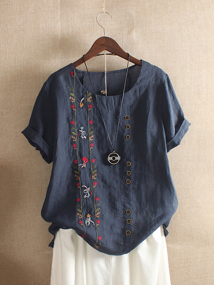 Vintage Embroidery O-Neck Short Sleeve Button T-shirt