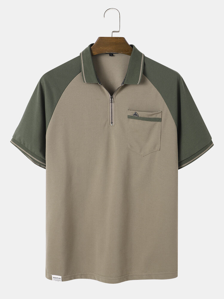 Men Cotton Colorblock Zip Front Chest Pocket Business Short Sleeve Polos Shirts