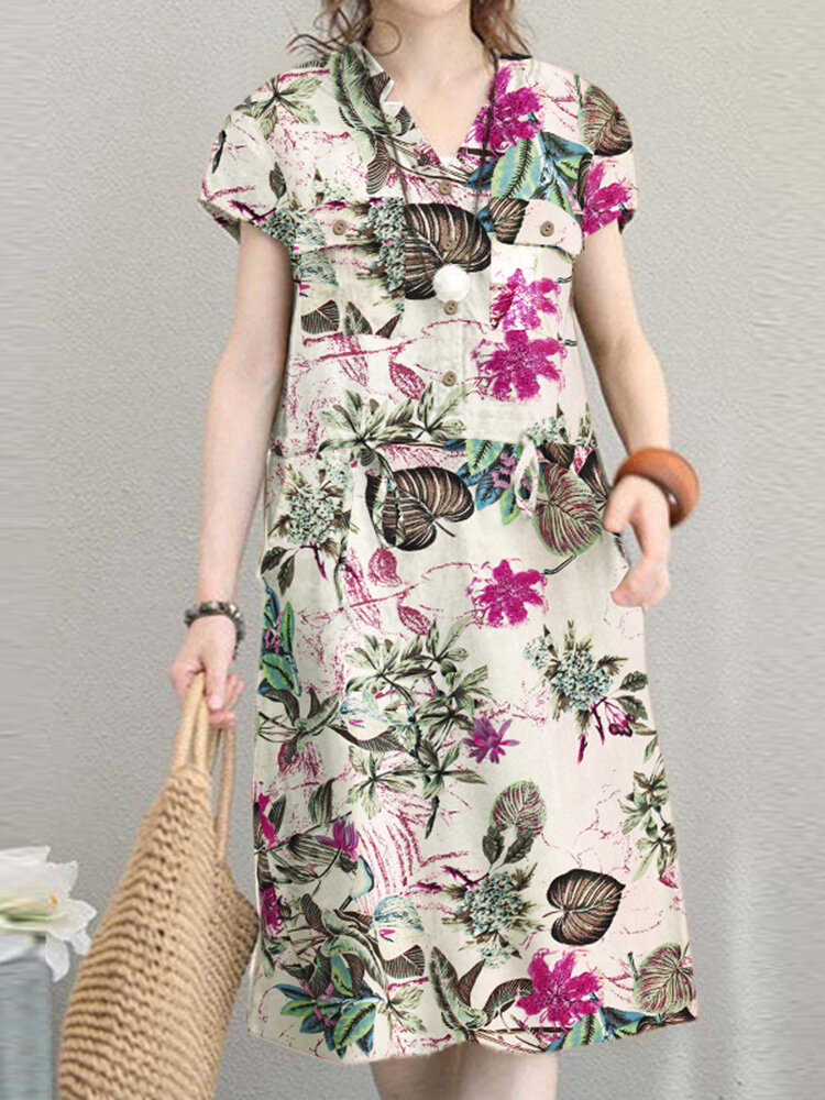 Allover Flower Print Pocket Short Sleeve Vintage Dress