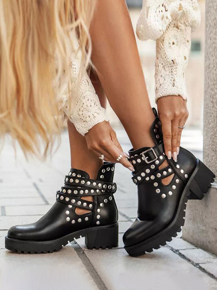 Plus Size Women Casual Rivet Strap Design Thick Bottom Shoes Buckle Non-slip Soft Tooling Boots, newchic  - buy with discount