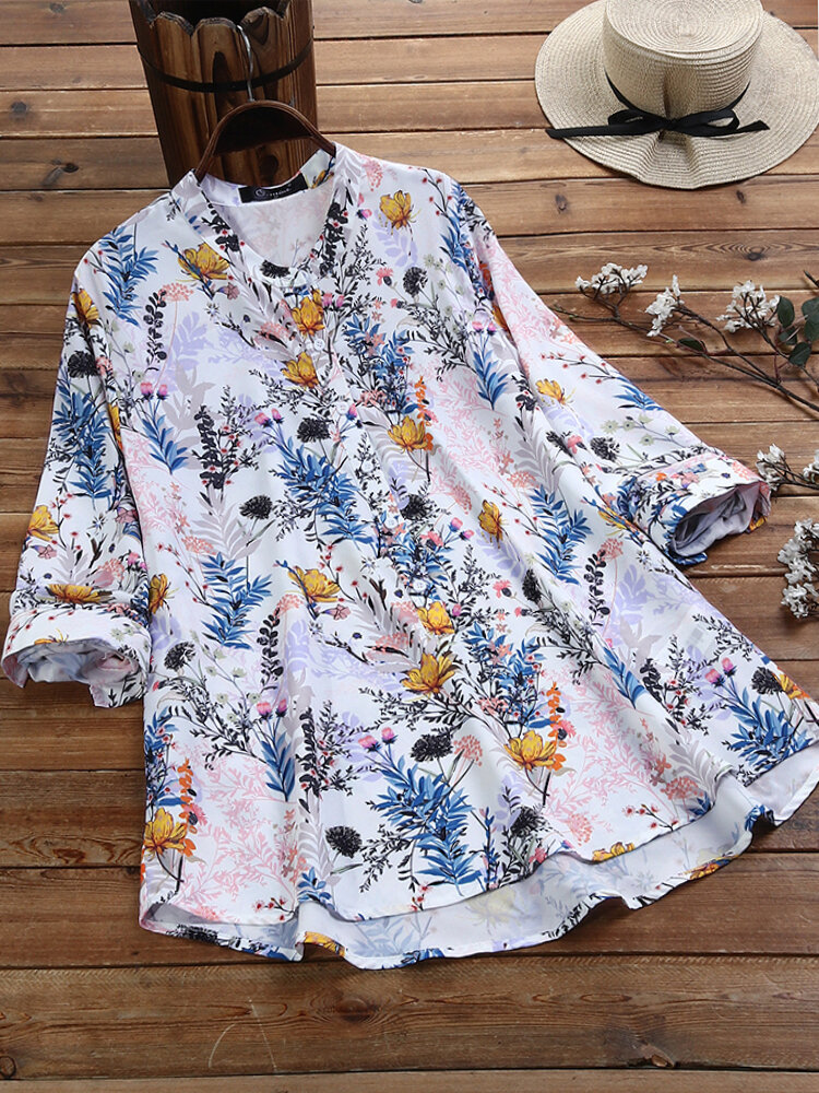 Estampado floral de manga larga Plus Talla vendimia Camisa
