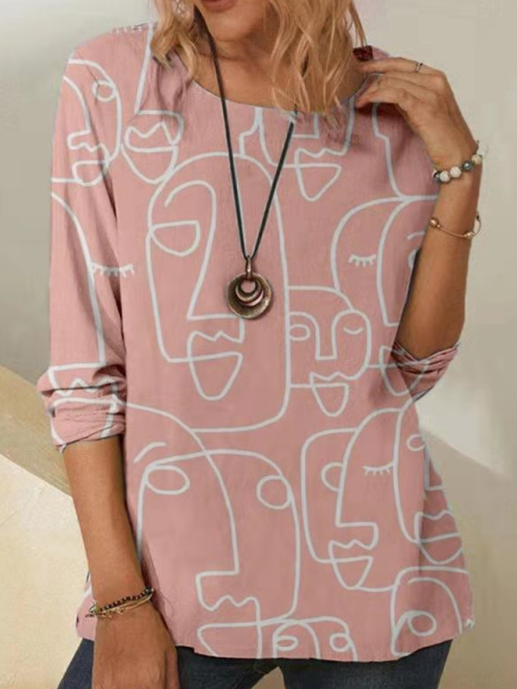 Abstract Print O-neck Long Sleeve Plus Size Casual Blouse for Women