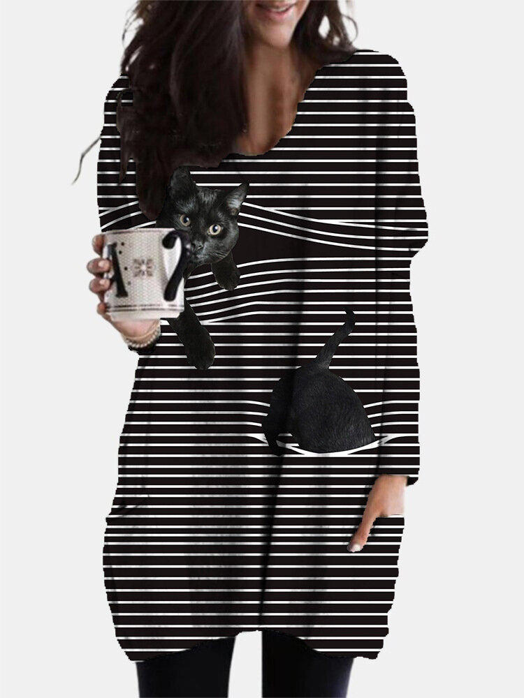 Striped Black Cat Print O-neck A-line Casual Plus Size Blouse
