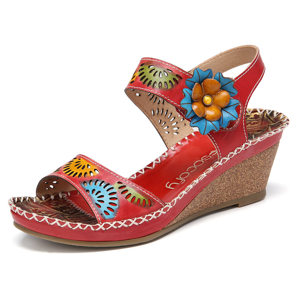 Handmade Leather Cutout Ankle Strap Beaded Floral Stitching Mid Heel Wedge Sandals