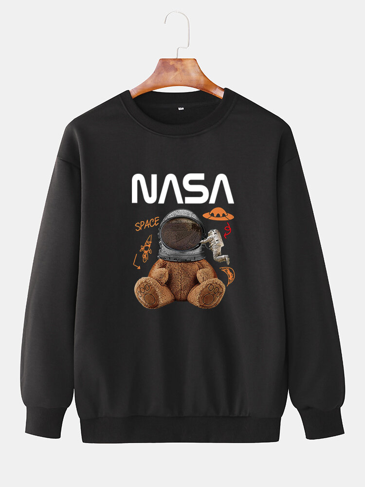 Mens Cartoon Bear Astronaut Print Drop Shoulder Casual Pullover Sweatshirts